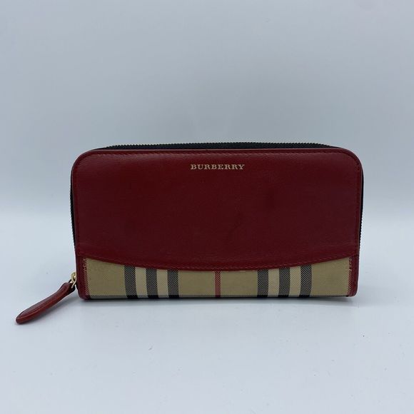Handbags - Burberry Elmore Wallet Clutch Purse Zip Around Haymarket House Check Nova Red